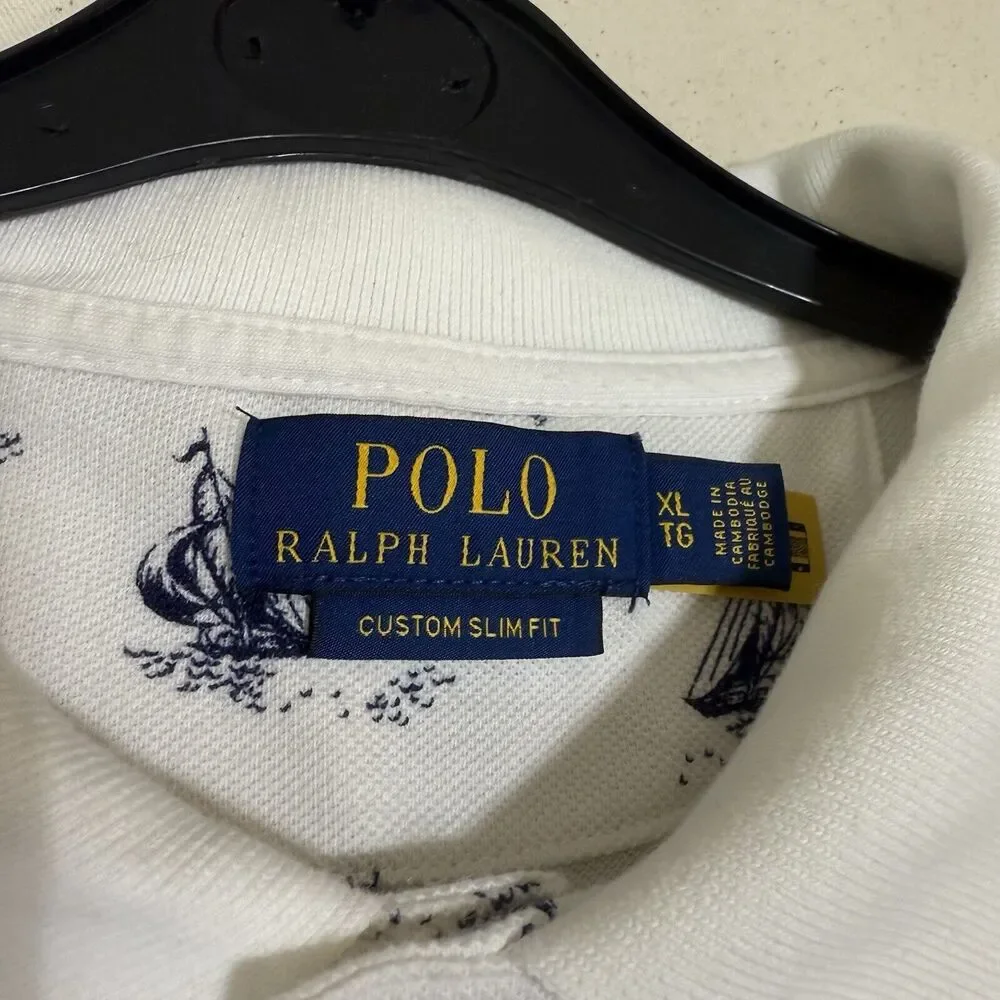 POLO RALPH LAUREN Men XL Custom Slim Fit White Blue Sailboats Polo Shirt